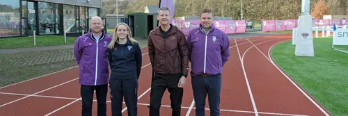 Sports students with Steve Cram on an athletic track