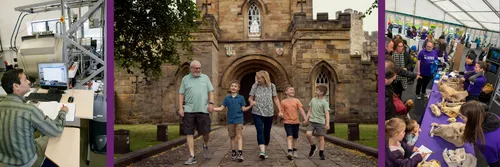 Main image is a smiling family of five walking down the front entranceway to Castle College