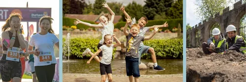 A group of children jumping and smiling in a garden