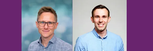 Two faculty members' headshots against a purple background