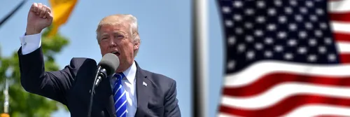 Donald Trump wearing a suit, standing with his fist raised near an American flag