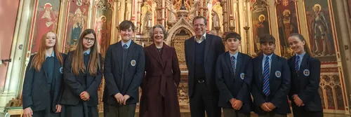Vice Chancellor Karen O'Brien with the headteacher and pupils of St Leonard's Catholic School in Ushaw Chapel