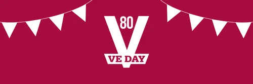 A large white letter V with the number 80 in the invert on a red background