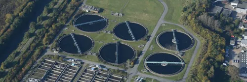 Aerial view of a sewage treatment works.