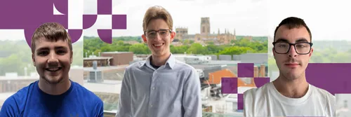 Three smiling male apprentices with the backdrop of Durham Cathedral