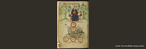 King Henry I on his throne, mourning. Table of his children and Matilda's two sons. The White Ship is depicted in a disabled condition behind.