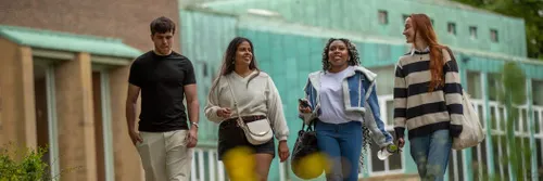Four young people walking and chatting