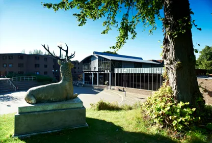 Collingwood College external view with stag statue