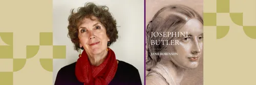 Jane Robinson next to one of her book covers