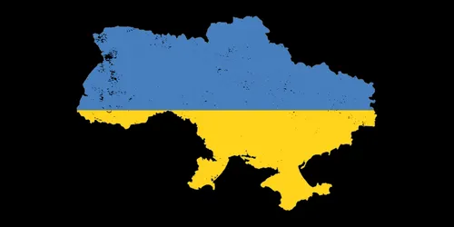 An image of Ukraine on a black background. The top half of Ukraine is blue and the bottom is yellow.