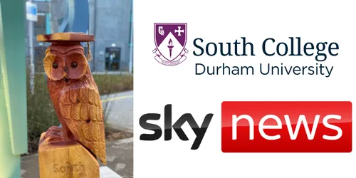A picture of a wooden owl with the South College Logo and the Sky News logo
