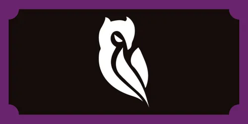 A White stylised owl on a black background