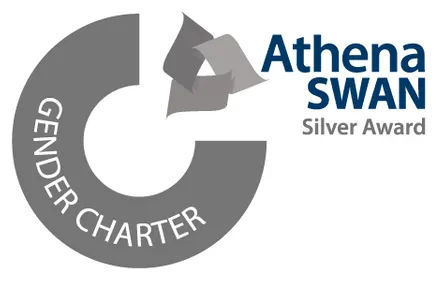 A silver-coloured logo with the words 'Gender Charter' next to the title 'Athena SWAN Silver Award'