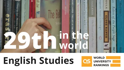 QS World Rankings for English Studies 2024, 29th in the world, with an image of a hand pulling a book from a shelf