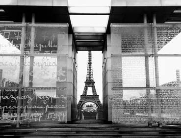 A view of the Eiffel Tower through etched glass