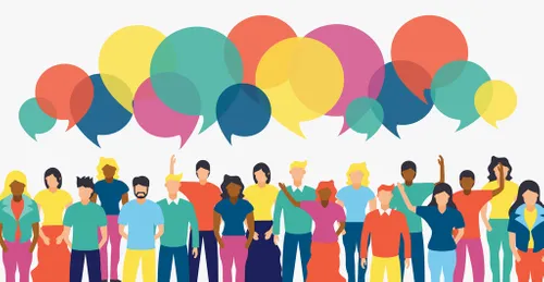 Illustrated group of people with colourful chat bubbles and diverse team