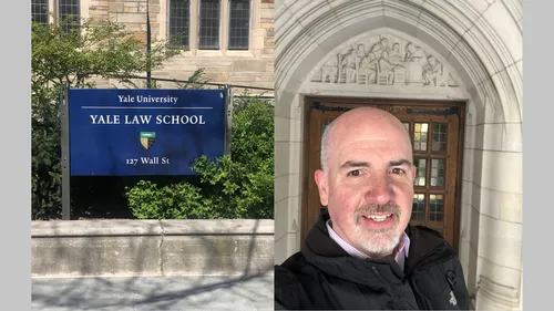 A sign that says Yale Law School and a selfie of a man in front of a building