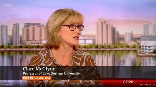 Professor Clare McGlynn with a BBC background of a city