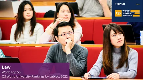 Students sitting in an auditorium and a purple box reads Law World Top 50 QS World Rankings by University Subject 2022