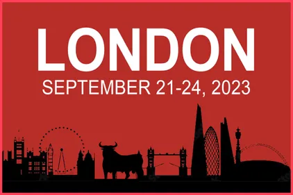 Silhouette of London against a red background with large text 'London September 21 - 24 2023'