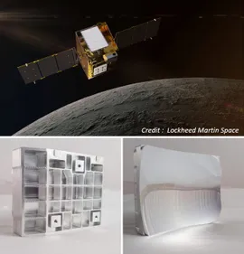 Montage of three pictures: Main image is of a mock-up of the lunar trailblazer in orbit above the moon, and 2 images of a mirror prototype (front and back) made in 2020 for the Atmospheric Physics group at Oxford. A complete prototype was assembled and tested and this led to the successful proposal of this design for the Lunar Traiblazer.
