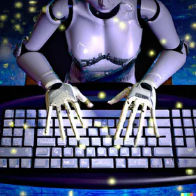 Graphic of a robot typing on a keyboard