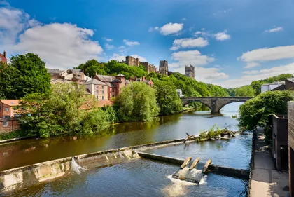 View of Durham Castle, Durham Cathedral and Framwellgate Bridge across the river