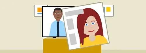 Cartoon of two people appearing on screens