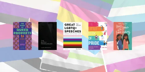 Five different book covers on a multicoloured background