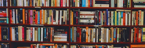 Books lined up on bookshelves