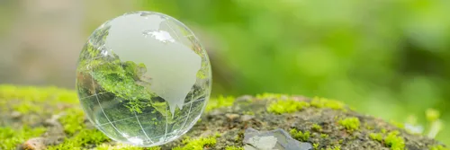 Small transparent globe resting on a rock with lichen