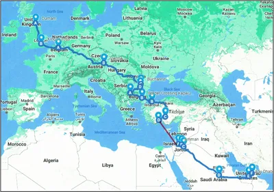A map of europe with a blue line from Durham,UK to Dubai, UAE.