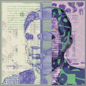 Artwork showing a stylised print of Alan Turing incorporating his landmark publications