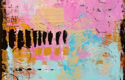 An abstract painting with pink, blue, orange and black paint splotches.
