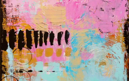 Abstract painting in black, pink, light blue and orange