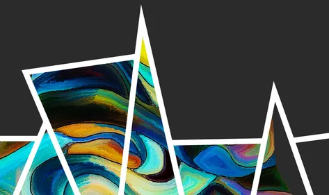 Abstract colourful graphic, with angular white linework.