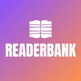 White text saying 'ReaderBank' and the logo resembling an open book on a purple-orange gradient background