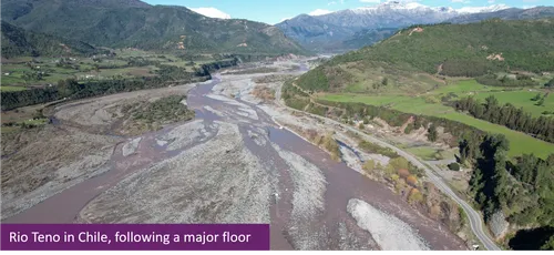 Rio Teno in Chile following a major flood. The river is wide and full of sediment