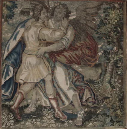 Durham Castle tapestry featuring an angel embracing a person.
