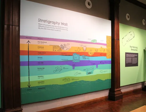 A coloured photograph showing our stratigraphy wall, which is made up of layers of objects and colours.