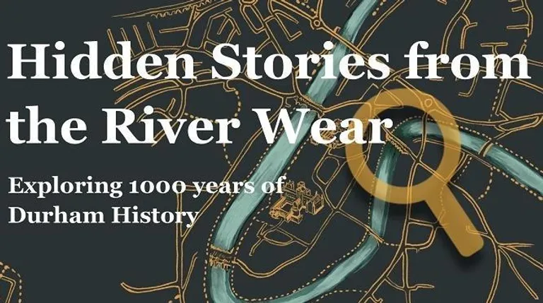 River Wear Exhibition logo showing outline of the river and map of Durham from above