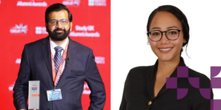 A bearded man wearing a suit holding an award next to another image of a smiling woman with dark hair tied back wearing a suit and glasses