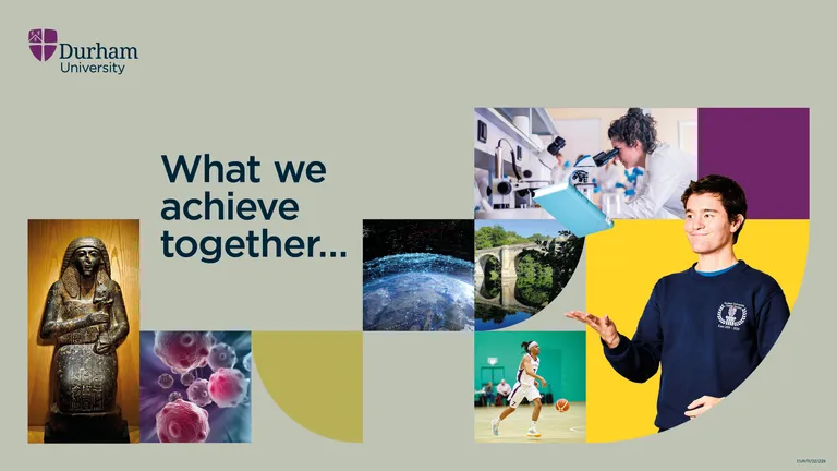 Title slide showing Durham students, research and exhibits