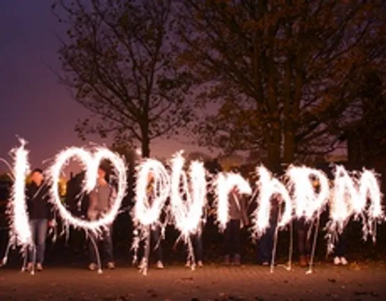 A Picture of the words I Heart Durham written with sparklers using time lapse photography