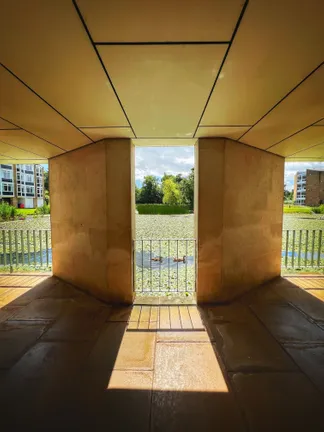 The view of the Van Mildert ducks through a gap in the building pillars