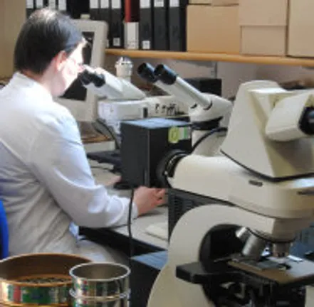 an archaeological scientist looking in a microscope