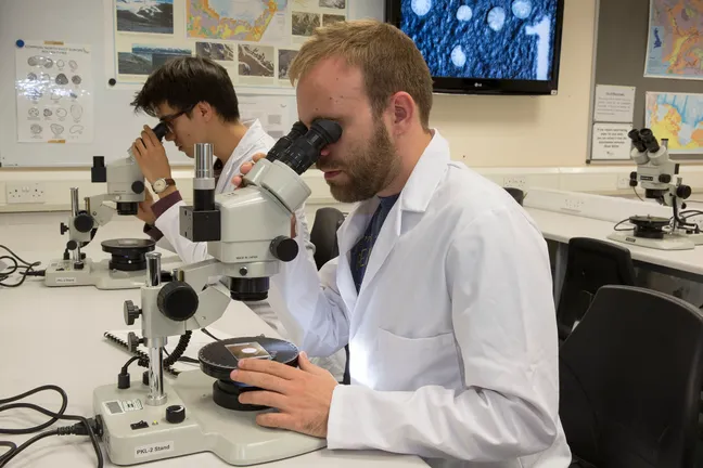 Two people using microscopes