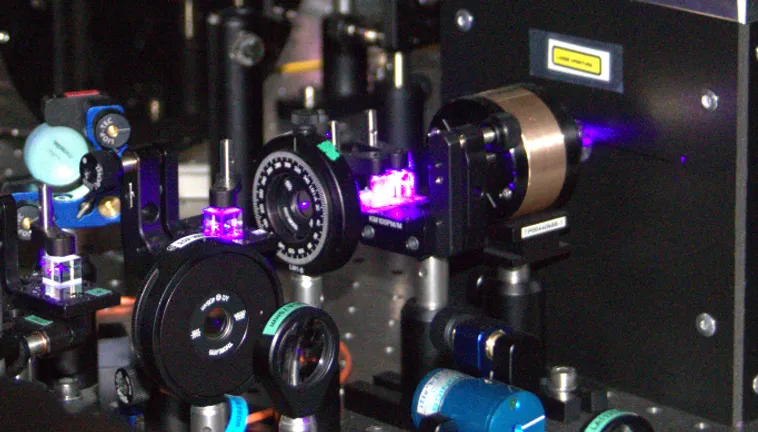 A close-up of an optics bench