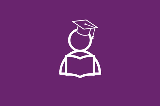 Icon of a student holding a book with a graduation cap on their head