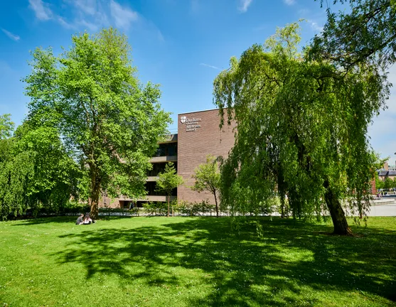 The Bill Bryson Library building with trees either side and in front